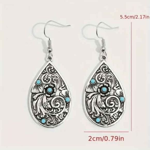 Boho Western Filigree Flower Teardrop Turquoise Dangle Earrings - Picture 3 of 4